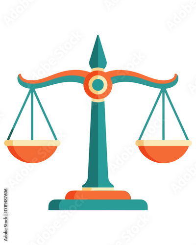 Balanced scales of justice symbol illustration, a flat vector icon representing law, fairness, and legal judgment