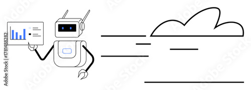 Robot holds data chart as lines flow toward a cloud, representing AI, analytics, innovation, tech, cloud solutions, automation, and futuristic progress. Ideal for digital transformation modern