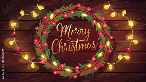 Festive merry christmas wreath with red berries and green leaves illuminated by warm string lights on a wooden background