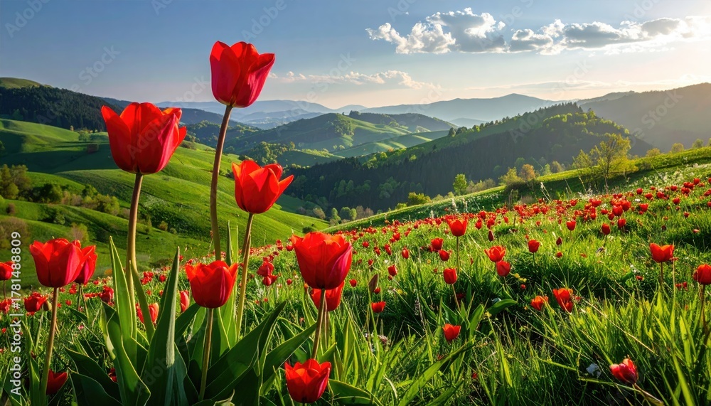 Naklejka premium Vibrant red tulips bloom in a lush green mountain meadow bathed in golden morning sunlight with rolling hills and distant blue mountains under a dynamic sky with soft clouds