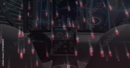 Futuristic car cabin showing status update then emitting falling binary streams to show diagnostics