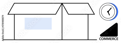 Minimalist box-shaped building representing a storefront, paired with a clock and commerce triangle. Ideal for small business, retail, trade, online shopping, schedules, productivity, simple flat