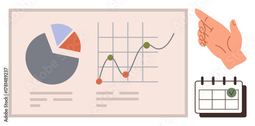 Hand pointing at data graphs and calendar with checkmark. Ideal for planning, analytics, productivity, trends, decision-making, business strategy, operations, simple flat metaphor