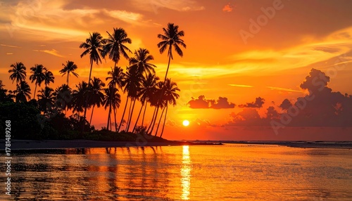 Vibrant Tropical Beach Sunset With Palm Trees Reflecting In The Calm Ocean Water Under A Dramatic Orange Sky