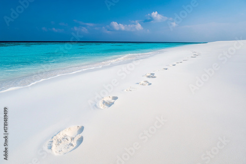 Fototapeta Naklejka Na Ścianę i Meble -  Barefoot tracks in the powdery white sands of the Maldives