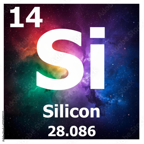 vector illustration of periodic element 14 Si Silicon with an abstract space nebula background 