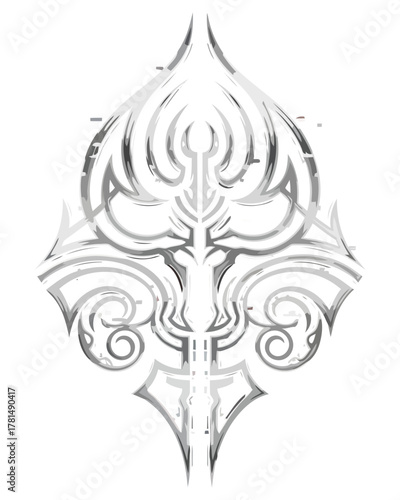 Ornate abstract symmetrical emblem with a metallic silver sheen, a fantasy heraldic crest or modern tribal spade symbol illustration