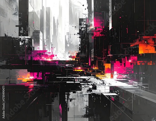 A vibrant, abstract digital artwork showcasing a futuristic cityscape with stark contrasts of black, white, and neon hues