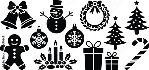 Christmas silhouette icons, festive holiday vector, jingle bells, snowman, wreath, pine tree, ornament, gingerbread man, candles, gift box, candy cane