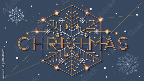 Modern geometric christmas snowflake design with sparkling lights and falling snowflakes on dark blue background