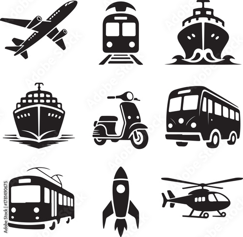 Icons of various modes of transportation including plane and train