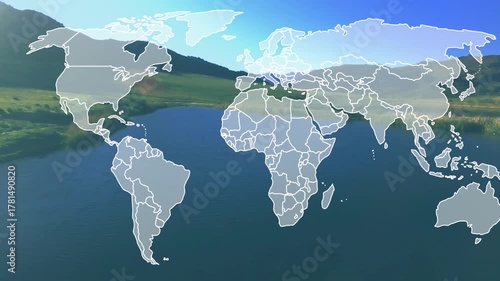 Americas outline appearing, world map overlay expanding, shifting right, centering Asia over lake