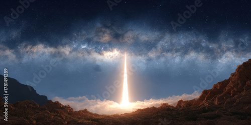 Rocket launch event mountain landscape digital art night sky elevated viewpoint space exploration concept