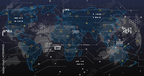 Incoming data activating dotted map, tracing outlines, adding markers, linking lines for analysis