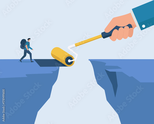 Giant Hand Painting Path Over Chasm for Hiker in Flat Vector Illustration, Overcoming Obstacles, Creative Problem Solving, Bridging Gaps, Innovation and Assistance, Path to Success