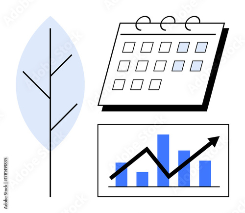 Leaf, calendar, and chart with growth arrow highlight eco-conscious scheduling and data-driven strategy. Ideal for sustainability, innovation, business planning, growth, scheduling, environment