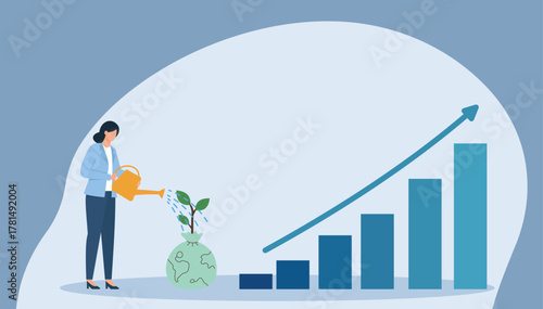 Nurturing Earth's Growth: Woman Watering Globe Plant with Rising Bar Chart for Sustainable Progress, Sustainable Development, Environmental Nurturing, Business Growth, Green Investment, Global Ecology
