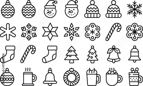 Christmas winter holiday icons, snowflakes, ornaments, snowmen, candy cane, stockings, bells, mugs, wreath, festive line art, black white vector set