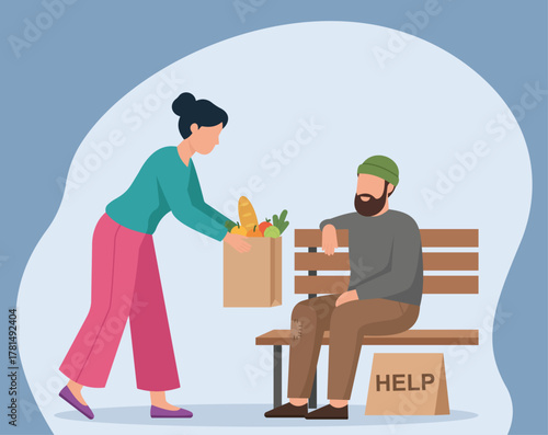 Woman Offering Groceries to Homeless Man on Park Bench in Compassionate Flat Vector Scene, Charity Gesture, Homeless Assistance, Food Donation, Compassionate Act, Community Support