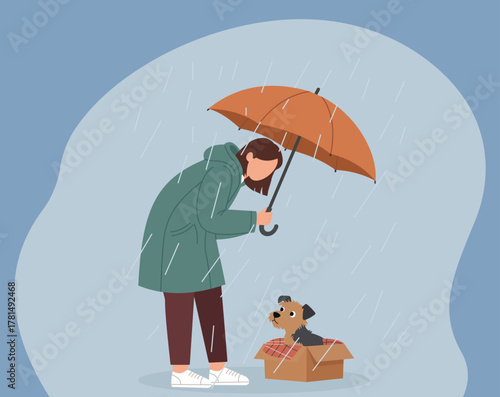 Woman Sheltering Abandoned Puppy Under Umbrella in Rainy Weather, Compassionate Act, Animal Rescue, Rainy Day Protection, Kindness to Stray Dog, Umbrella Shelter