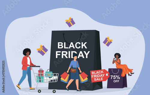 Black Friday Shopping Spree in Vibrant Flat Vector Illustration, Shopping Frenzy, Discount Deals, Consumer Excitement, Gift Purchases, Retail Madness