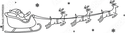 Santa sleigh silhouette, flying reindeer Christmas scene, festive holiday vector, black and white, cad drawing flat vector illustration