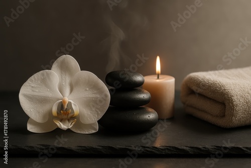 Calm spa composition with white orchid hot stones and steam rising on slate