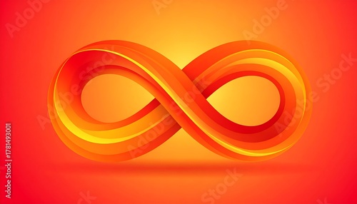 A vibrant, abstract infinity symbol crafted from layered, glowing ribbons in gradient hues, set against a warm, fiery backdrop