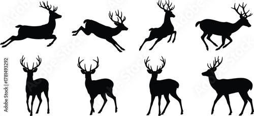 Deer silhouette set, leaping and standing poses, festive wildlife vector, black and white, cad drawing flat vector illustration