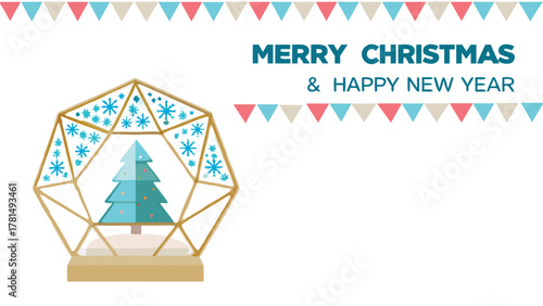 Festive geometric terrarium snow globe with christmas tree and snowflakes celebrating merry christmas and happy new year
