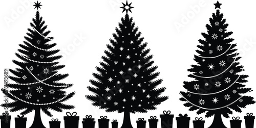 Christmas tree trio, festive silhouette with ornaments and gift boxes, holiday vector, black and white, cad drawing flat vector illustration