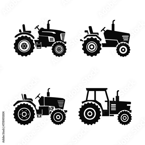A black tractor with wheels icon vector set