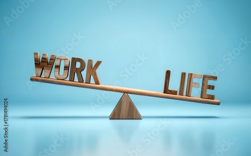 Work and Life on a Balance Scale Against a Soft Blue Background.