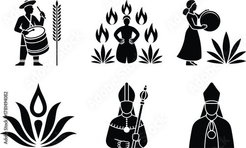 Cultural icons, ceremonial figures, ritual illustration, drum player, fire ceremony, agave plant, wheat 
