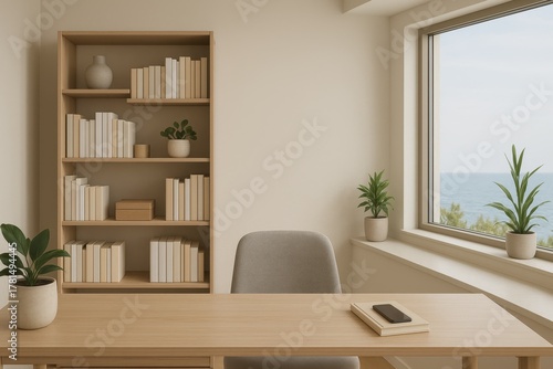 Home office backdrop with tidy bookshelf and ocean view window neutral decor