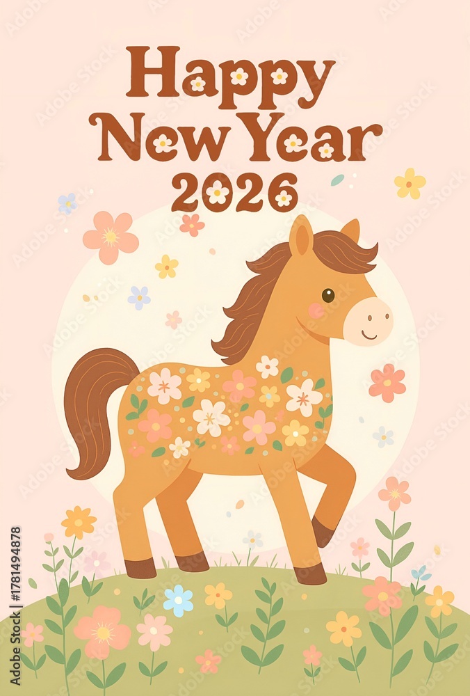 Naklejka premium 花柄模様のかわいい馬の2026年賀状