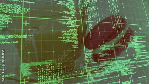 On code columns sliding, green grid reclustering, revealing lower face and red object for analysis