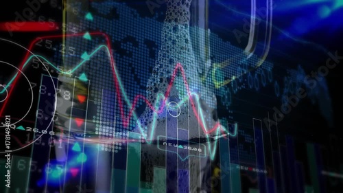 Mug appearing, lines oscillating, bars adjusting, markers tracking peaks, visualizing market