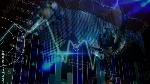 Playback starting, market HUD opening, cyan line waving, bars moving, globe shifting showing trends