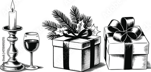 Holiday celebration scene, candle and wine glass with gift boxes, festive vector, black and white, cad drawing flat vector illustration