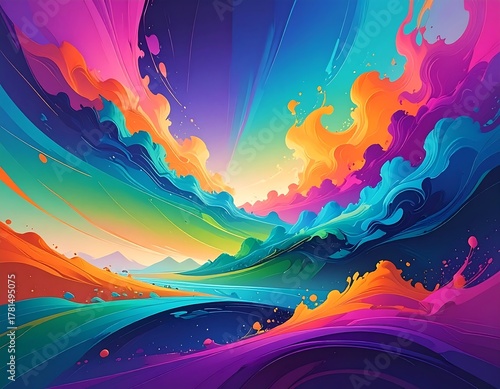 A vibrant, abstract landscape with swirling, colorful cloud-like forms, creating a dynamic and energetic composition