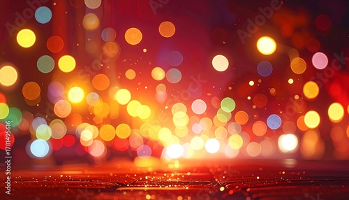 A vibrant abstract scene of blurred lights against a reddish backdrop, creating a festive, dreamy ambiance with bokeh