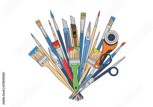 A bundle of art supplies brushes knives scissors and a rotary cutter