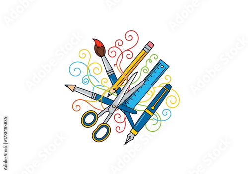 A collection of art supplies including pencils paint brush ruler pen and scissors surrounded by colorful swirls