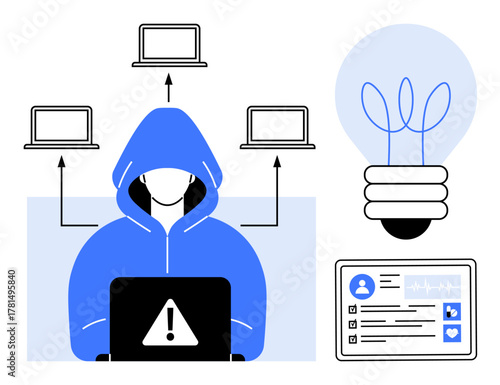 Hooded hacker working on laptop, warning icon on screen, linked devices, digital ID, lightbulb idea. Ideal for data protection, hacking, IT security, anonymity criminal activity innovation