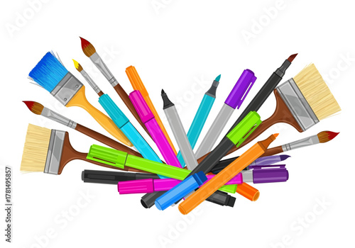 A colorful jumble of paintbrushes and markers create an artistic vibrant scene
