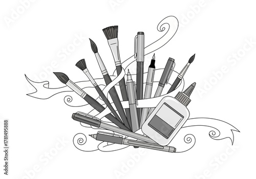 A drawing with pens brushes a glue bottle and decorative ribbons arranged together