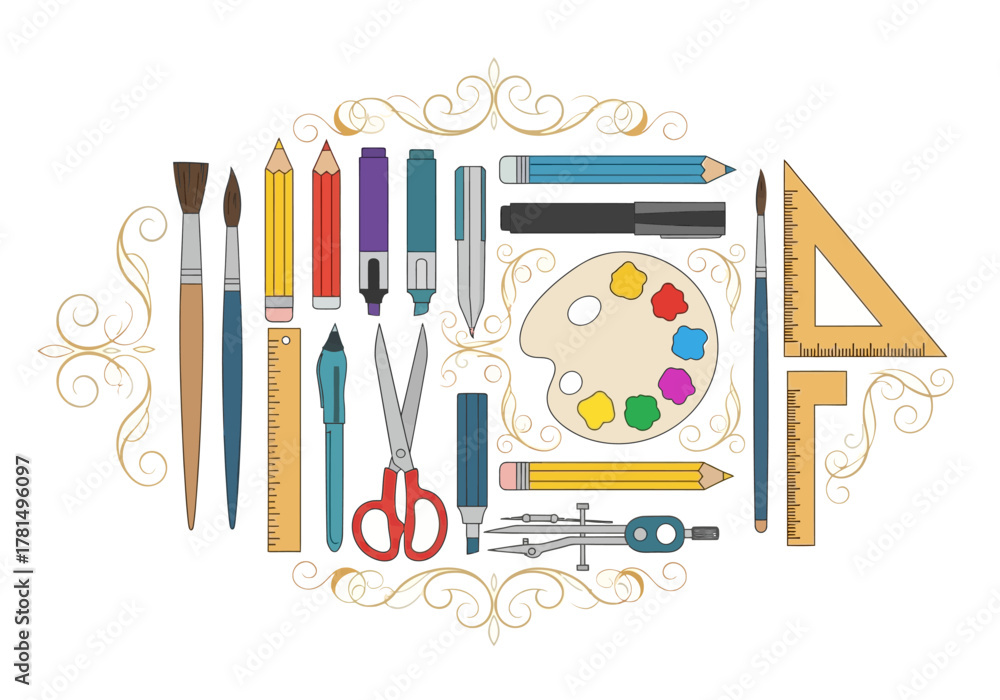 Obraz premium Art supplies brushes pencils palette scissors ruler compass The word ART is formed with triangle ruler