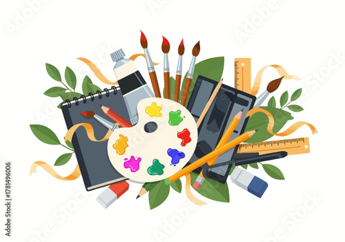 Art supplies arranged together brushes paints pencils notebook palette erasers rulers and greenery on a white background