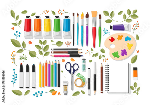 Art supplies arranged with tubes of paint brushes pencils a palette  foliage against a white backdrop
